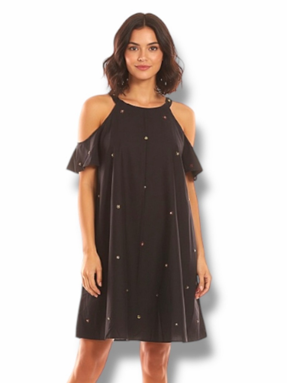 Zara navy blue cold shoulder poplin dress beaded detail XS